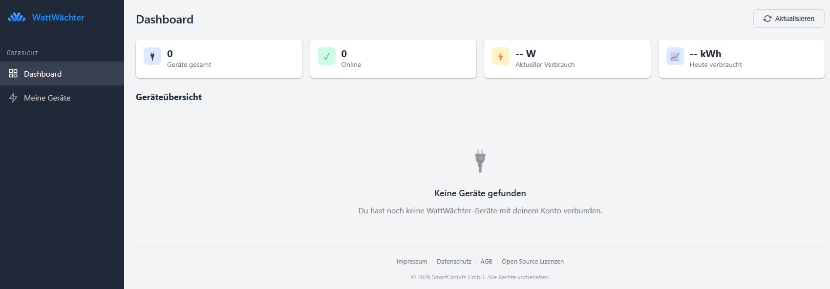 Dashboard nach Registrierung