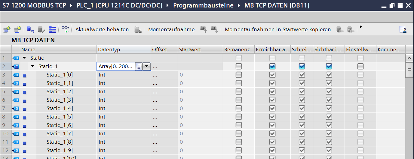TIA Portal: Datenbaustein DB11 mit einem Array of Int als Zielbereich für die Register