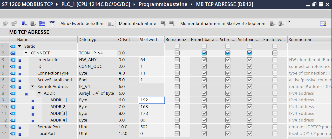 TIA Portal: Datenbaustein DB12 mit der Variablen CONNECT vom Typ TCON_IP_v4