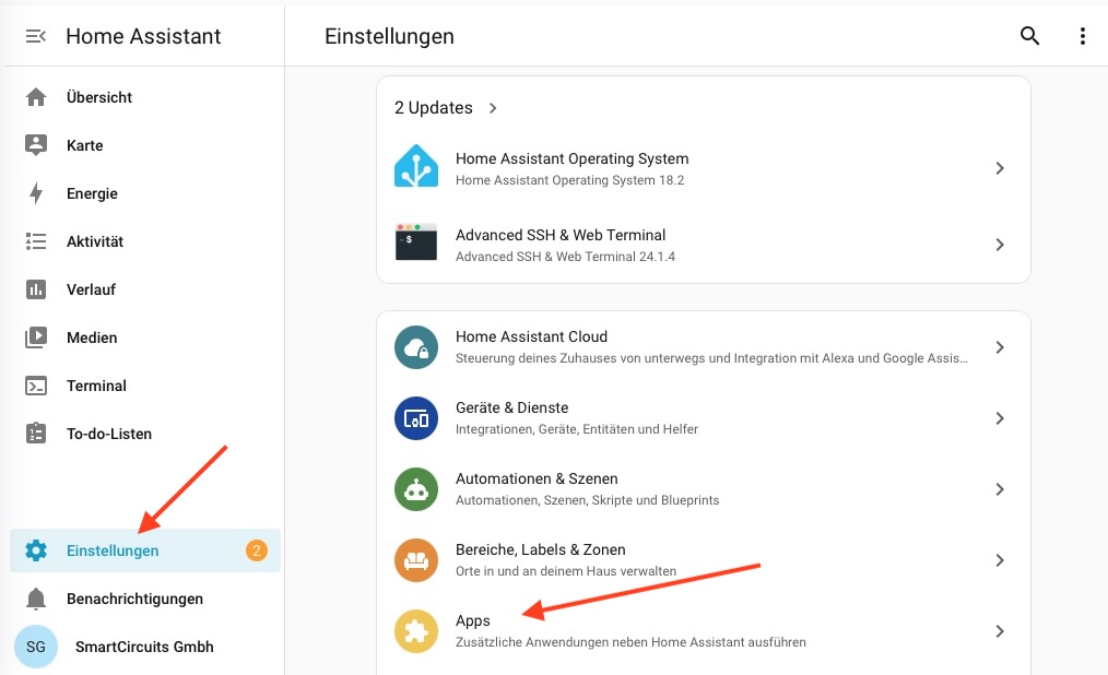 Einstellungen mit dem Eintrag Apps