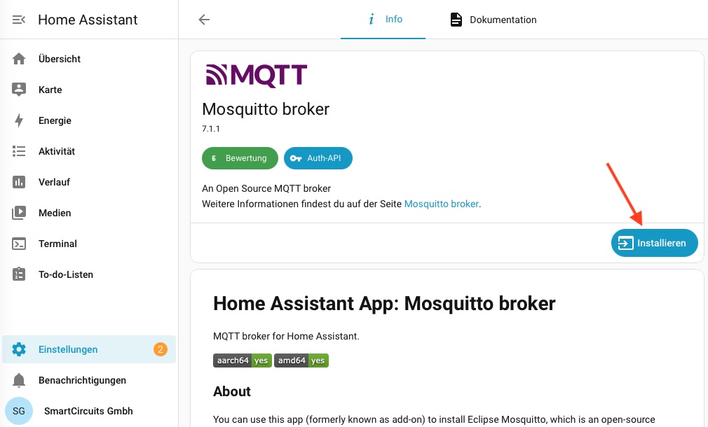 Detailseite der Mosquitto-broker-App mit der Schaltfläche Installieren