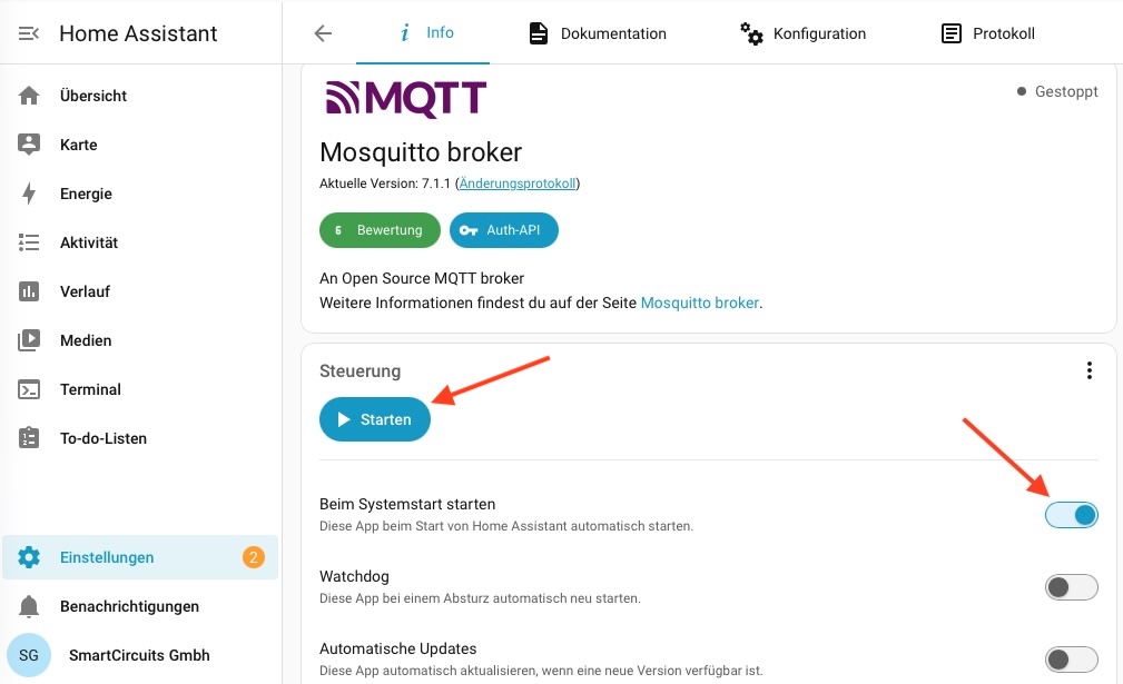 Steuerung der Mosquitto-App mit Starten und Beim Systemstart starten