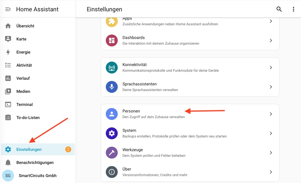 Einstellungen mit dem Eintrag Personen