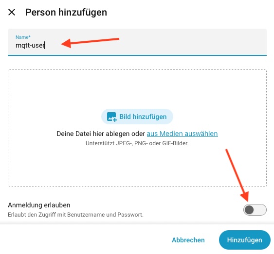 Dialog Person hinzufügen mit dem Namen mqtt-user