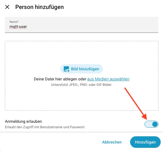 Dialog Person hinzufügen mit aktiviertem Schalter Anmeldung erlauben