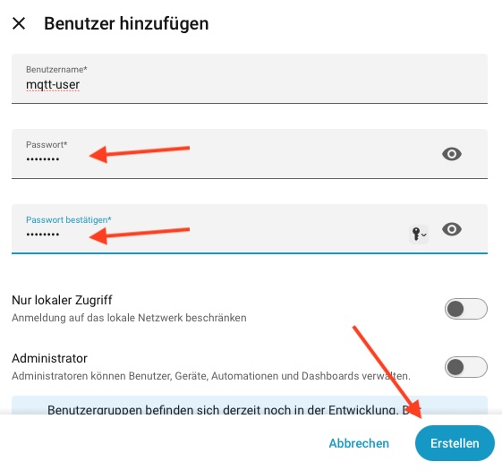 Dialog Benutzer hinzufügen mit Benutzername, Passwort und den Schaltern für lokalen Zugriff und Administrator