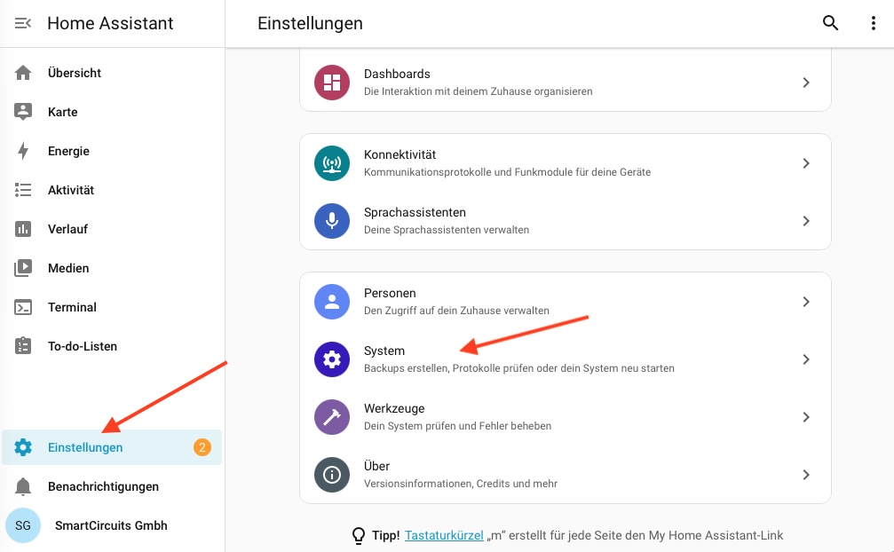 Einstellungen mit dem Eintrag System