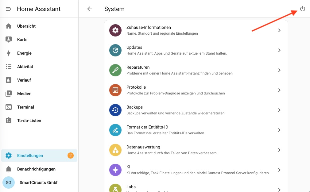 Systemseite mit dem Ein/Aus-Symbol oben rechts