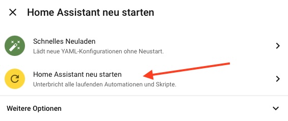 Auswahl zwischen Schnellem Neuladen und Home Assistant neu starten