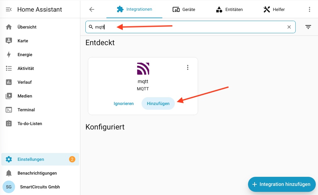 Entdeckte MQTT-Integration mit der Schaltfläche Hinzufügen