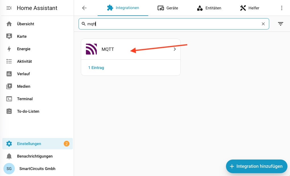 Integrationsübersicht mit dem Eintrag MQTT