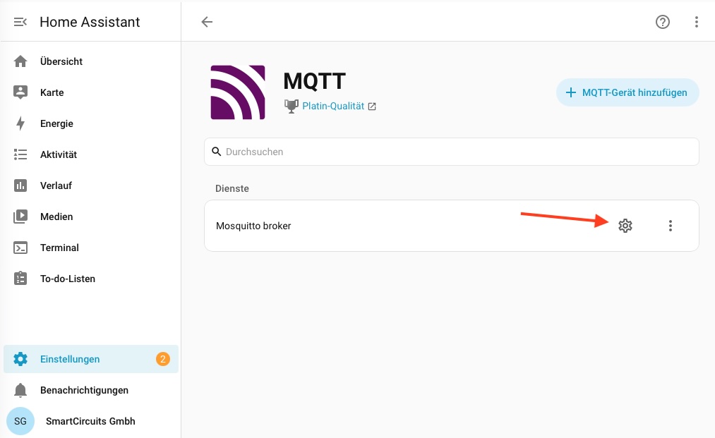 MQTT-Integration mit dem Dienst Mosquitto broker und dem Zahnrad-Symbol