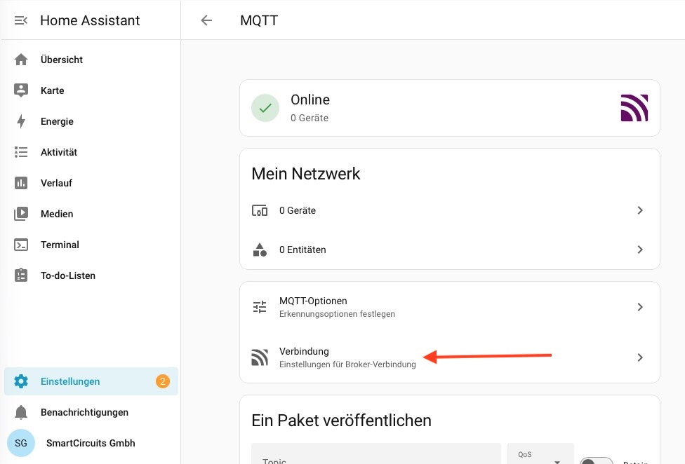 MQTT-Seite mit dem Menüpunkt Verbindung