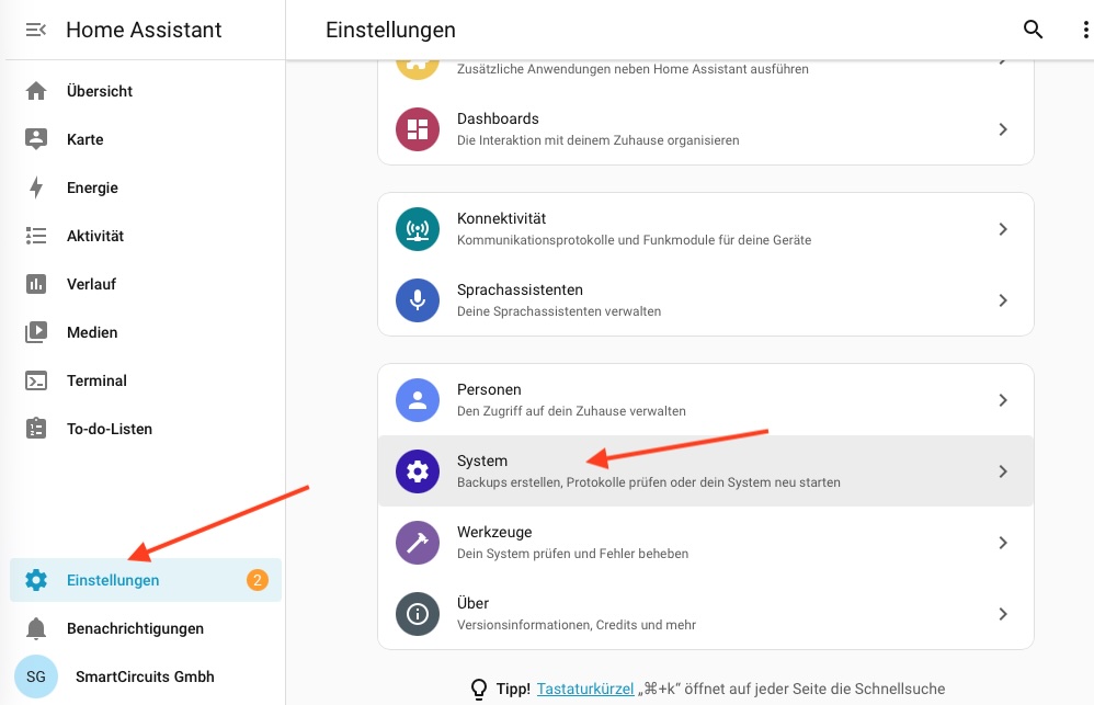 Einstellungen mit dem Eintrag System