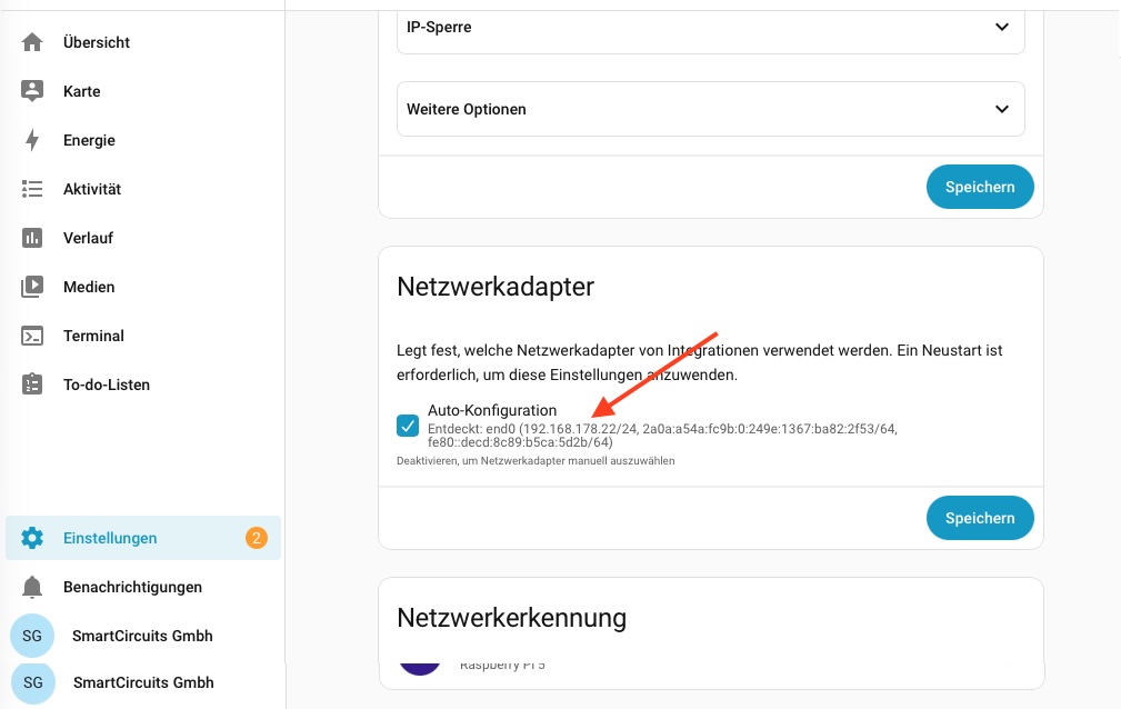Abschnitt Netzwerkadapter mit der erkannten IP-Adresse